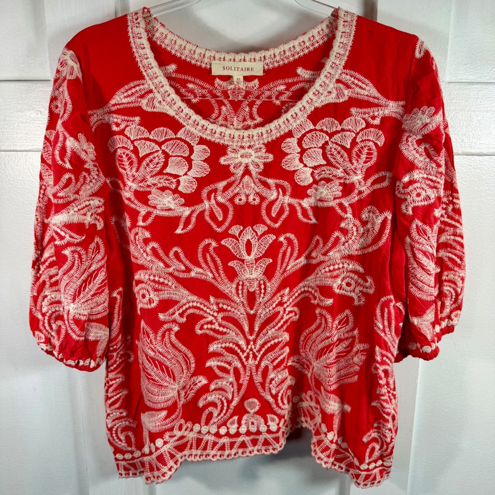 Solitaire Red w White Embroidered Design w Boho Puff Sleeve Rayon Blouse XL